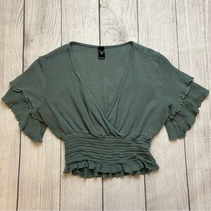 Windsor Sage Green Smocked Crop Top with Ruffled Sleeves